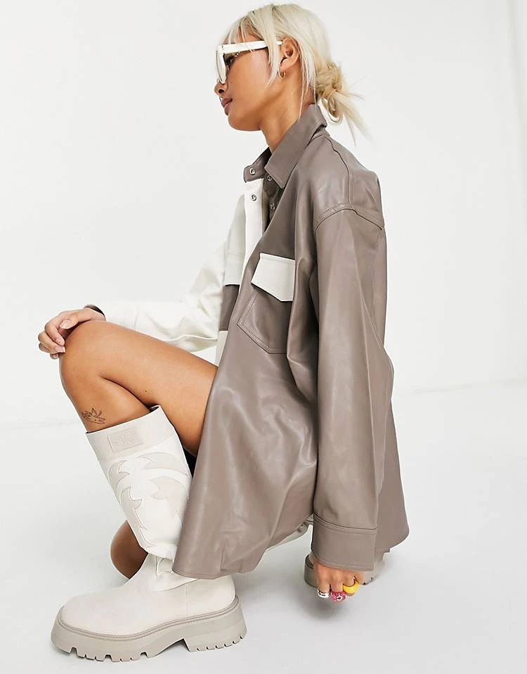 Urban Revivo Faux Leather Colour Block Shirt In Khaki For Women 5 Urban Revivo Faux Leather Colour Block Shirt In Khaki For Women - Image 3