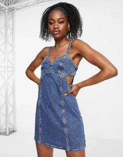 Urban Revivo Cut Out Detail Mini Denim Dress In Blue For Women