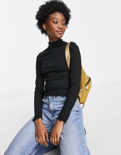 Urban Revivo Lettuce Hem Long Sleeve Top In Black For Women