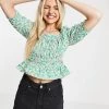 Urban Revivo Floral Print Shirred Detail Blouse In Green For Women