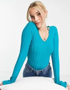 Urban Revivo Long Sleeve Knitted Top In Blue For Women