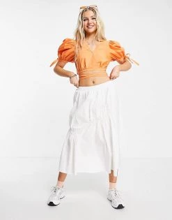 Urban Revivo Puff Sleeve Cropped Blouse With Tie Details In Orange For Women -Urban Revivo Sales unnamed file 2511