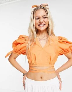 Urban Revivo Puff Sleeve Cropped Blouse With Tie Details In Orange For Women -Urban Revivo Sales unnamed file 2512