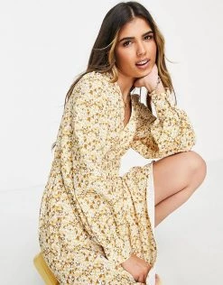 Urban Revivo Ruched Waist Midi Dress In Yellow Floral Print For Women -Urban Revivo Sales unnamed file 253