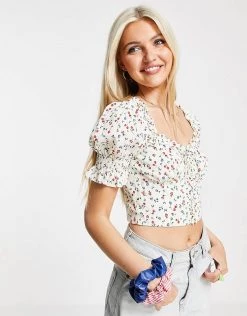 Urban Revivo Cropped Blouse In Floral Print For Women Blue