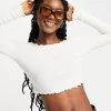 Urban Revivo Lettuce Hem Long Sleeve Crop Top In Off White For Women