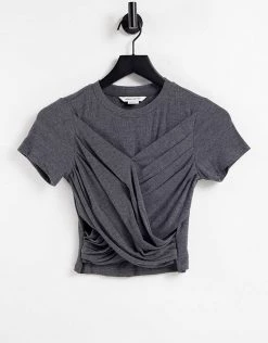 Urban Revivo Twist Front T-shirt In Dark Grey For Women
