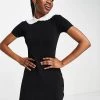 Urban Revivo Knitted Mini Dress With Oversized Collar In Black For Women