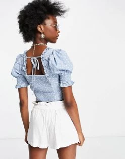 Urban Revivo Floral Print Frill Hem Corset Detail Blouse In Blue For Women -Urban Revivo Sales unnamed file 2605