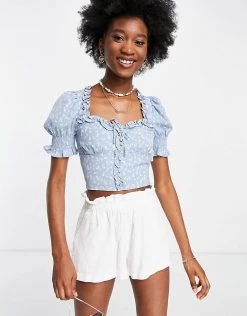 Urban Revivo Floral Print Frill Hem Corset Detail Blouse In Blue For Women -Urban Revivo Sales unnamed file 2606