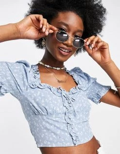 Urban Revivo Floral Print Frill Hem Corset Detail Blouse In Blue For Women -Urban Revivo Sales unnamed file 2607