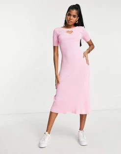 Urban Revivo Knitted Midi Dress With Cut Out Heart In Pink For Women