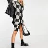 Urban Revivo Checkerboard Knitted Shirt Dress In Black For Women Grey Checkered