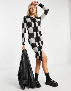 Urban Revivo Checkerboard Knitted Shirt Dress In Black For Women Grey Checkered -Urban Revivo Sales unnamed file 272