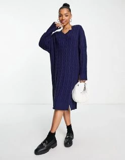 Urban Revivo Cable Knit Midi Dress In Blue For Women