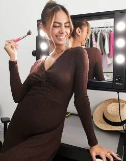 Urban Revivo Twist Front Midi Dress In Brown For Women -Urban Revivo Sales unnamed file 312