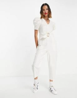 Urban Revivo Belted Puff Sleeve Jumpsuit In Off White For Women