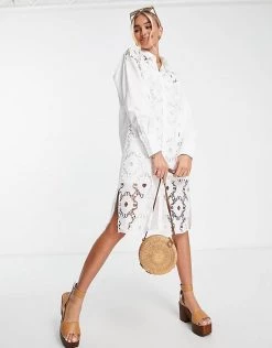 Urban Revivo Midi Crochet Shirt Dress In White For Women