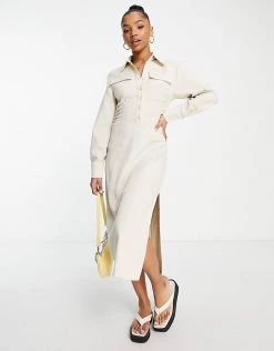 Urban Revivo Shirt Midi Dress In Beige For Women