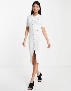 Urban Revivo Knitted Button Down Midi Dress In White For Women
