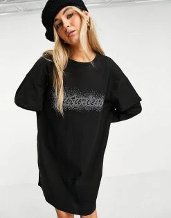Urban Revivo Slogan T-shirt Mini Dress In Black For Women