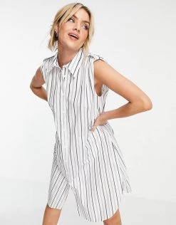 Urban Revivo Oversize Stripe Sleeveless Shirt Dress In White For Women -Urban Revivo Sales unnamed file 494