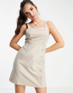 Urban Revivo Button Through Pinafore Dress In Beige For Women