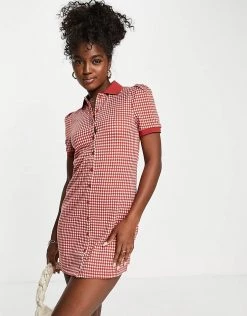 Urban Revivo Polo Neck Mini Dress In Red Check Print For Women