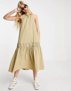 Urban Revivo Sleeveless Drop Waist Smock Mini Dress In Beige For Women Khaki