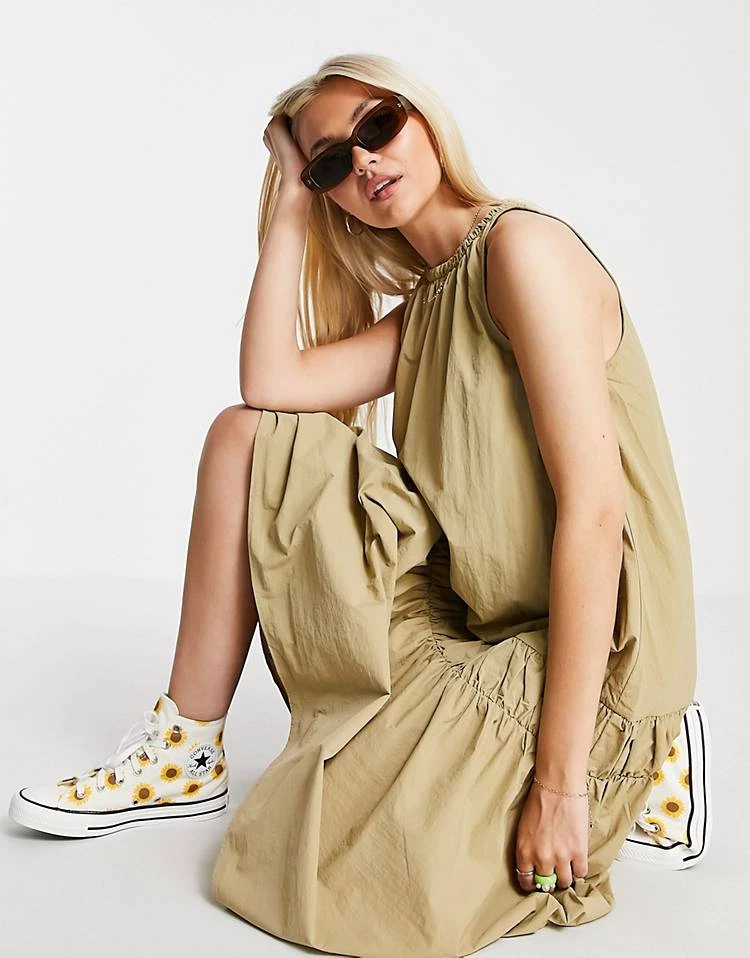 Urban Revivo Sleeveless Drop Waist Smock Mini Dress In Beige For Women Khaki 4 Urban Revivo Sleeveless Drop Waist Smock Mini Dress In Beige For Women Khaki - Image 2