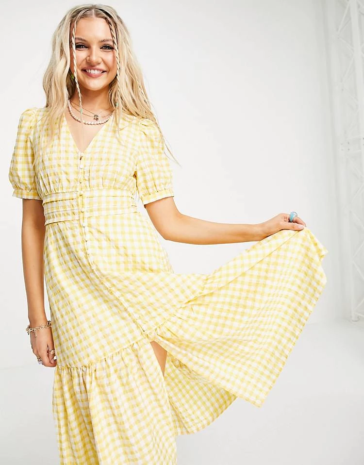 Urban Revivo Gingham Print Midi Dress With Peplum Hem In Yellow For Women 5 Urban Revivo Gingham Print Midi Dress With Peplum Hem In Yellow For Women - Image 3