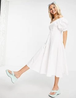 Urban Revivo Off Shoulder Gathered Waist Midi Smock Dress In White For Women