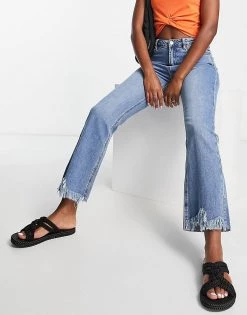 Urban Revivo Flare Straight Leg Jeans With Raw Hem Edge In Light Blue For Women