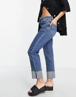 Urban Revivo Straight Leg Turn Up Jeans In Mid Blue For Women