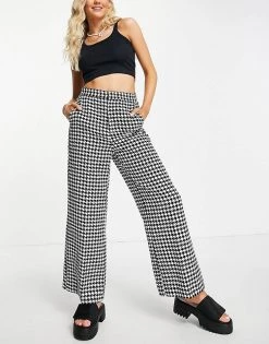 Urban Revivo Wide Leg Trousers In Houndstooth For Women Grey Checkered
