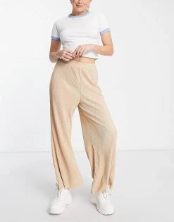 Urban Revivo Plisse Wide Leg Trousers In Beige For Women