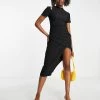 Urban Revivo Asymmetric Cut Out Shoulder Midi Dress In Black For Women
