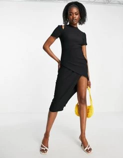 Urban Revivo Asymmetric Cut Out Shoulder Midi Dress In Black For Women
