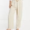 Urban Revivo High Waisted Linen Trousers With Belt In Beige For Women