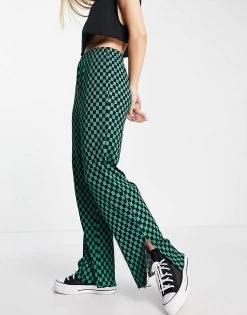 Urban Revivo Checked Wide Leg Trousers In Green For Women