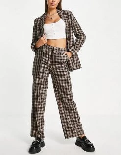 Urban Revivo Check Print Flare Trousers In Khaki For Women